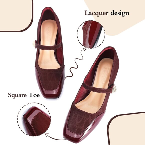 Women's Wine Square Toe Mary Jane Comfortable Closed Toe Chunky Block Heels - Picture 2 of 8
